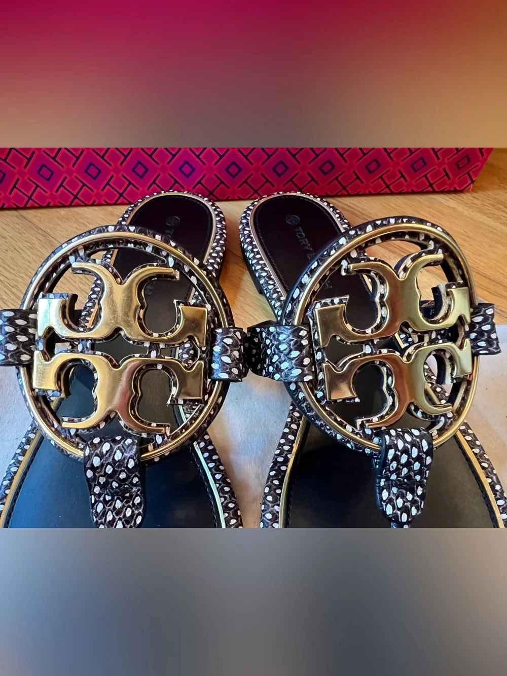 Tory Burch Black & White Leather Embossed Spotted Snake Metal Miller Sandals